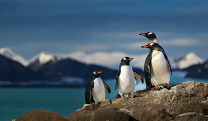 Obraz premium Penguin on a rock, blurred background, animals in the antarctic