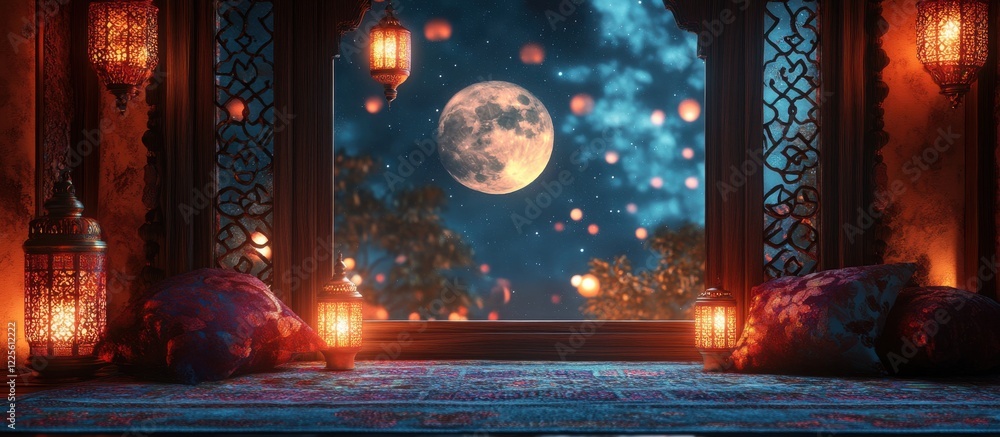Poster cozy window with lanterns and cushions, showcasing a magical evening view of a luminous moon and flo