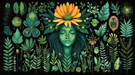 Obraz premium Serene Green Woman Adorned With Lush Botanicals