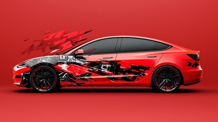 Naklejka premium Red electric car with abstract design, studio shot, red background, automotive design