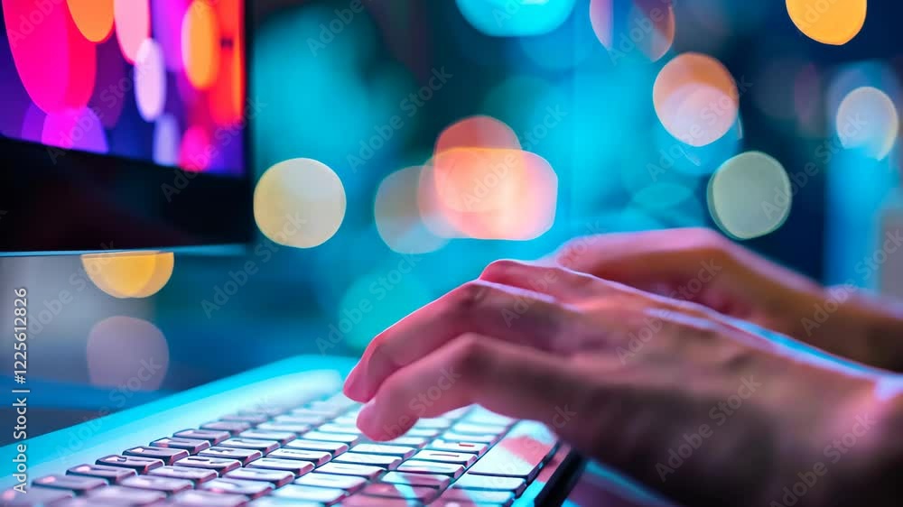 Poster a person is actively typing on a keyboard in a dimly lit room, illuminated by colorful lights reflec