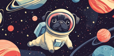 A Pug Astronaut Soaring Through Space Among Planets