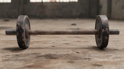 Rusty dumbbell on grunge floor in abandoned building. (1)