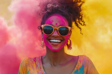 Joyful Woman Celebrating Holi Festival with Vibrant Colors