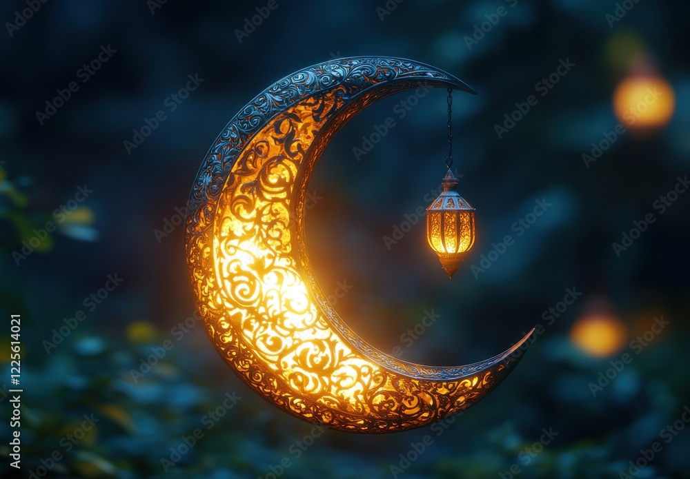 Poster decorative crescent moon lantern with intricate patterns glowing softly at night with blurred backgr