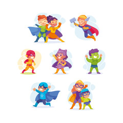 Happy Boy and Girl Superhero Wearing Colorful Costume Vector Illustration Set