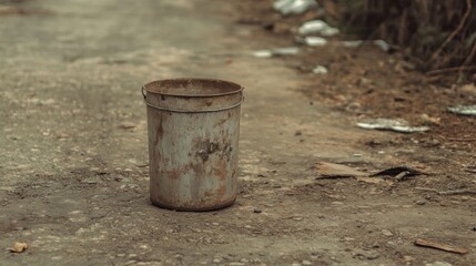 Rusty metal bucket sits on dirty ground near trash.