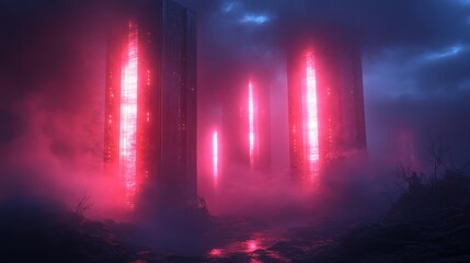 Naklejka premium Futuristic Red Neon Towers in a Foggy Landscape. Generative AI