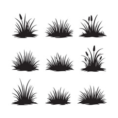 Black silhouettes, grass tufts, minimalist design, vector graphics, nature elements