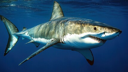 Naklejka premium A great white shark swimming near the ocean surface, powerful and graceful, intense blue water 