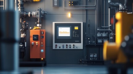 A wallmounted display unit showing energy cost savings projections surrounded by machinery that symbolizes a blend of modern technology and traditional manufacturing.
