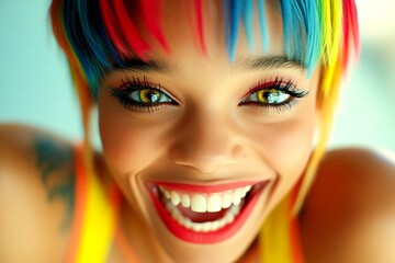Obraz premium Short trim - multicolored hair. Gorgeous happy black girl - for ads, ad page and digital use. Commercial promotion conceptual art. Creative advertising model. Modern model campaign.