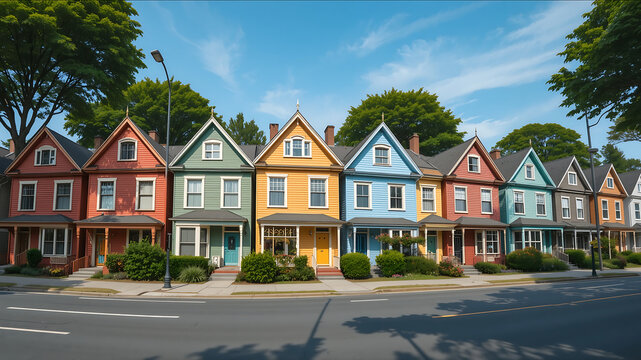 A row of vibrant Victorian houses showcases various colors in a quaint suburban setting. Lush trees provide shade along the peaceful street, creating a picturesque atmosphere
