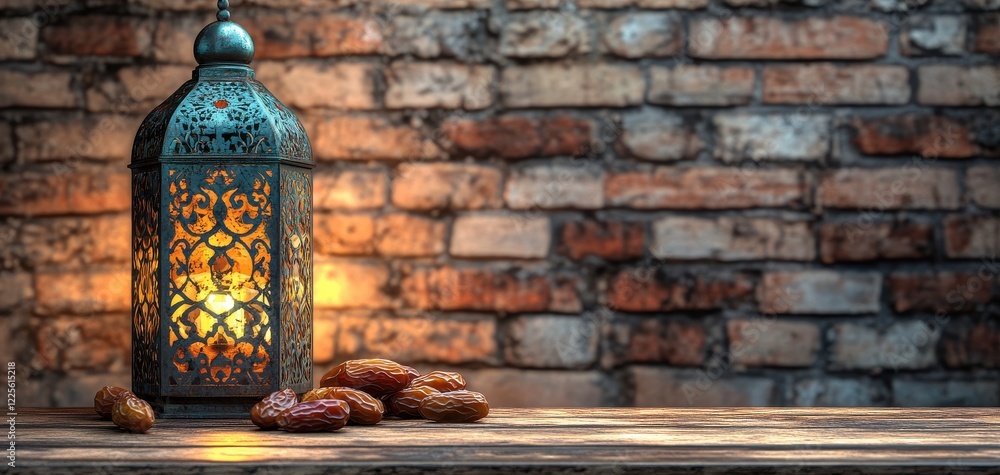 Poster decorative lantern glowing warmly beside a wooden table with pile of dates against a rustic brick wa
