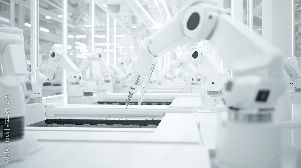 Poster advanced robotic arms working in a sleek, modern factory setting with bright lighting and precision 