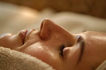 Naklejka premium Beautician is applying a face cream mask to a woman relaxing with her eyes closed