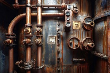 Rusty industrial pipes and valves showing decades of use and wear
