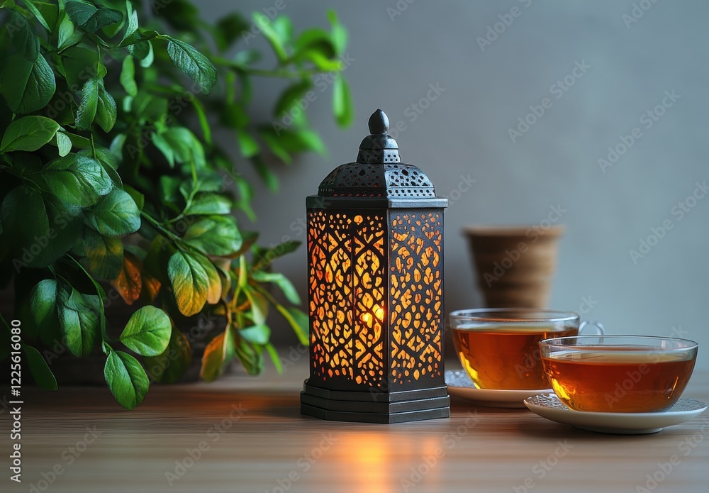 Poster decorative lantern with intricate patterns near two tea cups and green foliage creating a cozy atmos