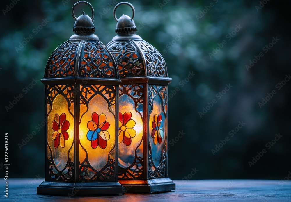 Aufkleber decorative lanterns with colorful floral design emit warm glow at dusk in soft focus background crea