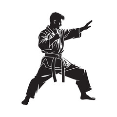 silhouette, martial artist, karate stance, dynamic pose, black and white