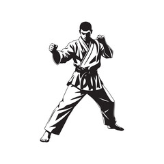 silhouette, martial artist, karate stance, dynamic pose, black and white