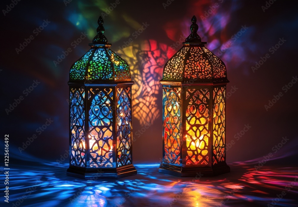 Poster decorative lanterns with intricate designs creating colorful shadows on a surface, illuminated by wa