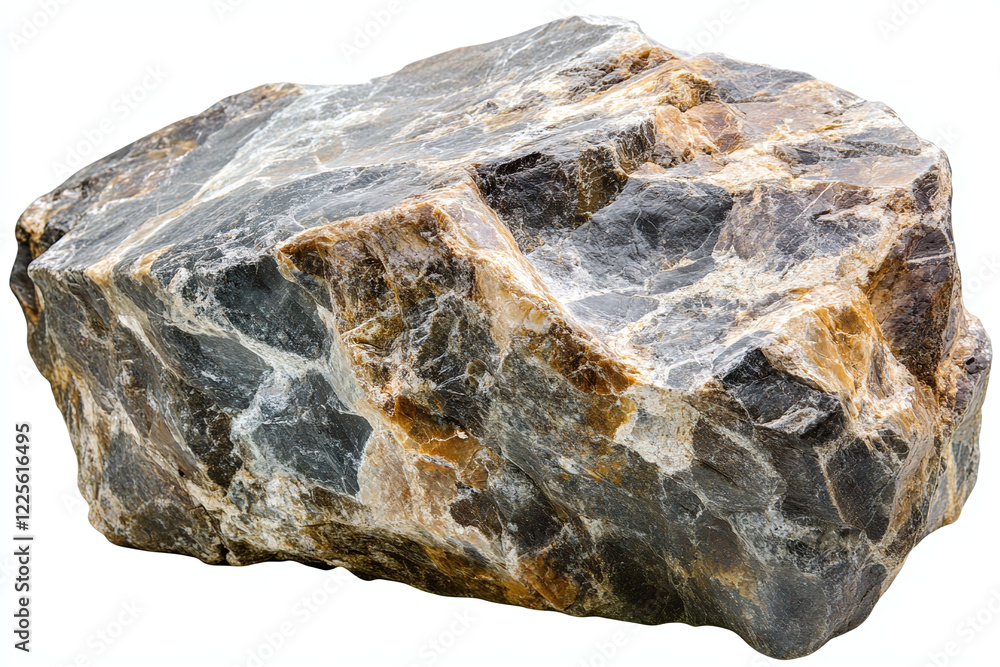 Poster a large stone of irregular shape. it has a gray color with streaks and spots of a rusty brown hue.on