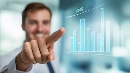 Photograph of a professional office worker in casual business attire pointing at a digital screen with a 3D bar chart, modern office background