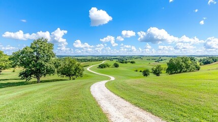 Winding country road through green hills, blue sky, summer day; idyllic landscape for travel brochures