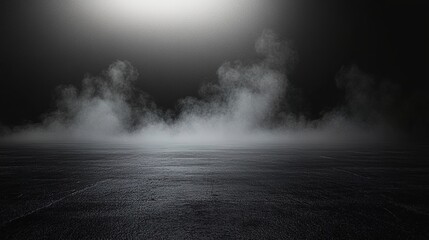 Abstract black background with fog and mist for product presentation, dark gray floor, empty space, smoke