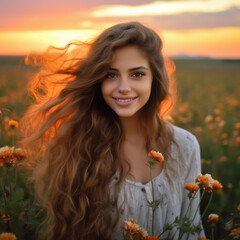 Smiling Woman with Flowing Hair in a Field of Flowers at Sunset. Summer Solstice. Wellness or beauty brands. 