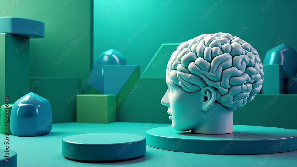 Poster brain is sitting on a green surface with a blue background. the brain is surrounded by various shape