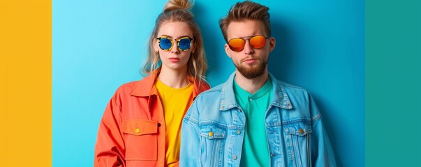 Fashion models wearing colorful outfits and sunglasses posing on a vivid background