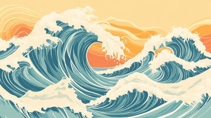 a clean vector design featuring flowing pastel-colored waves in a nostalgic 60s/70s style. 