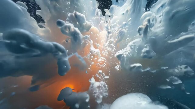 Dramatic underwater explosion of foam and light, depicting vibrant turbulence and dynamic visuals with strong energy and abstract artistry