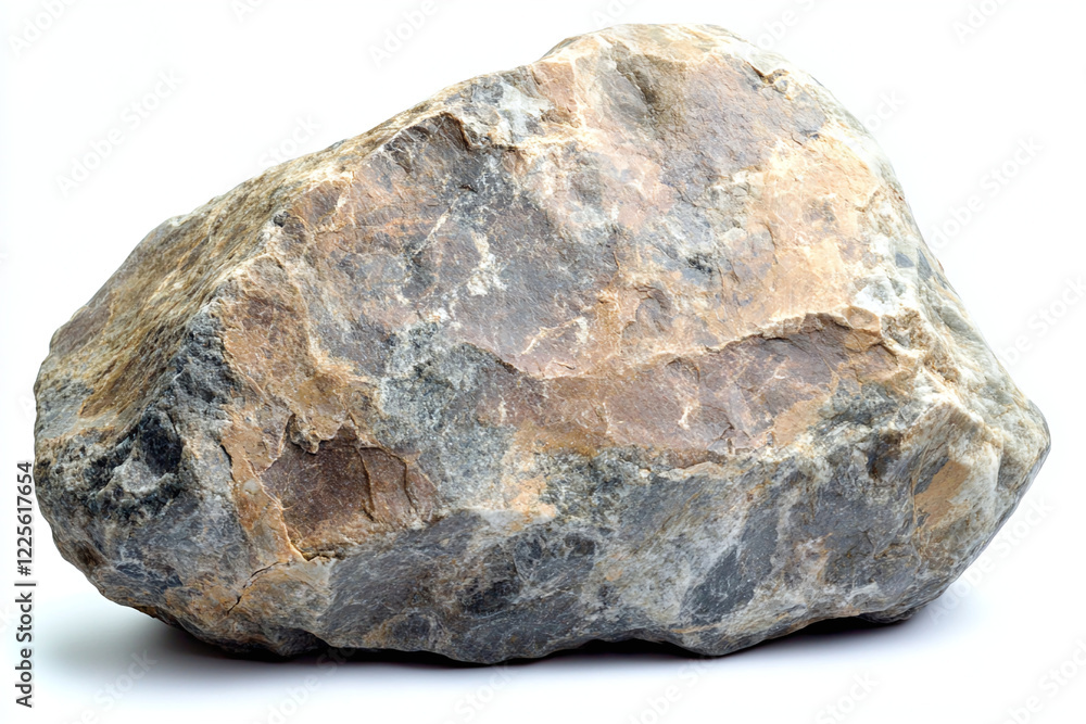 Poster a large stone of irregular shape. it has a gray color with streaks and spots of a rusty brown hue.on