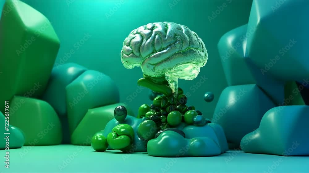 Poster brain is surrounded by a bunch of green balls, creating a surreal and abstract scene. the brain is t