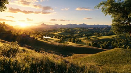 Expansive Green Hills at Golden Hour, vibrant rolling landscapes, warm sunlight enhancing the lush terrain, elevated perspective showcasing natural beauty