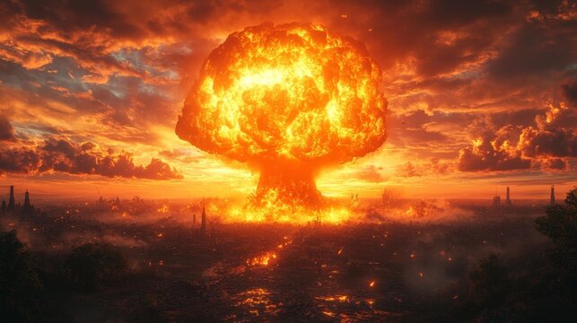 Nuclear explosion in a destroyed city at sunset. Generative AI