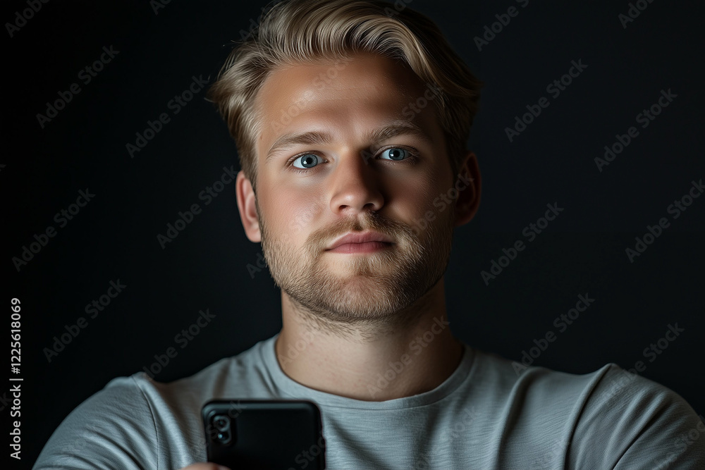 Poster man with smartphone portrait looking at camera in dark background