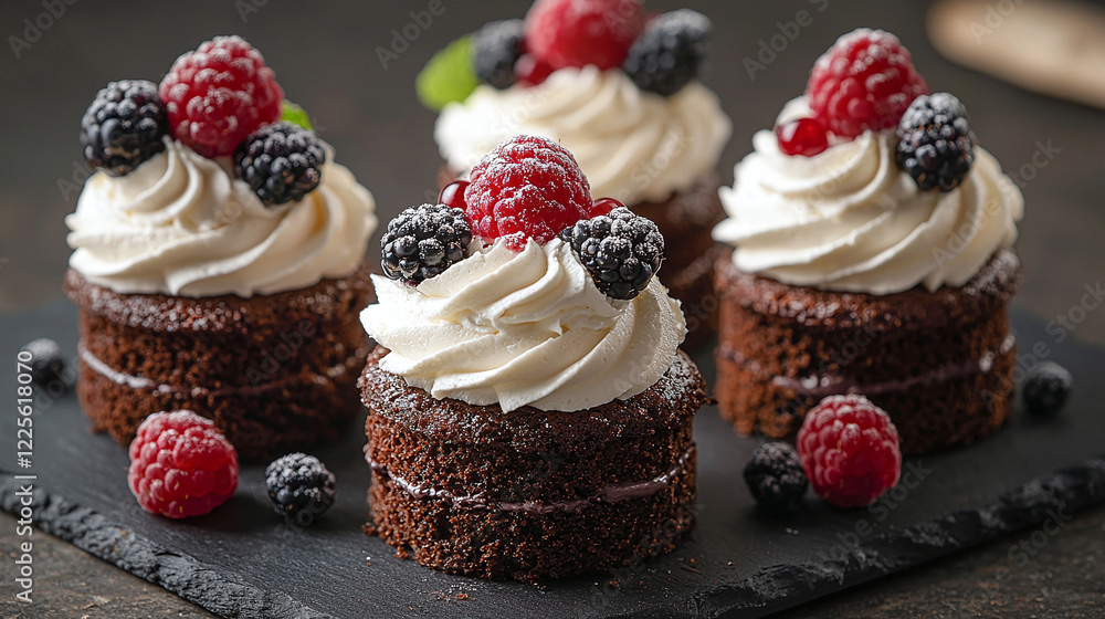 Poster four small round cakes decorated with whipped cream and fresh berries. the cakes are sprinkled with 