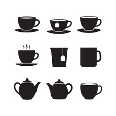 coffee mug tea cup and kettle pot icon collection set silhouette vector flat design element