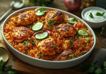 Fototapeta premium Delicious and Colorful Plate of Spicy Rice with Grilled Chicken Patties and Fresh Vegetables on a Rustic Wooden Table