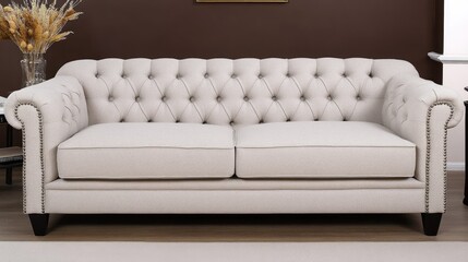 This contemporary living room showcases a plush sectional sofa in neutral tones, accompanied by a sleek round coffee table and elegant pampas grass decor against a textured wall
