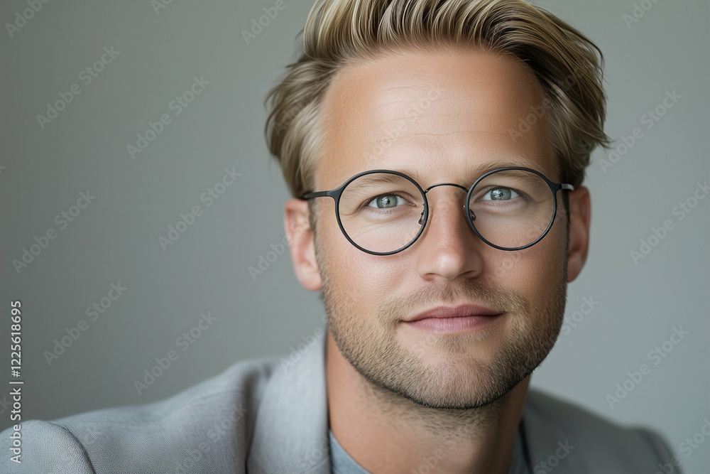 Poster man portrait with glasses smiling in a modern setting