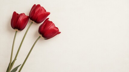 Obraz premium Three red tulips on a white background, space for text.