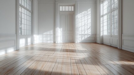 Empty bright room with large windows and wooden flooring. Generative AI