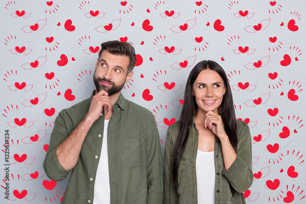 Poster photo of young couple hands touch chin look empty space wonder plan look empty space isolated over g