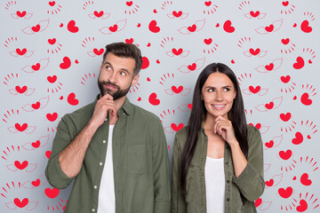 Photo of young couple hands touch chin look empty space wonder plan look empty space isolated over...