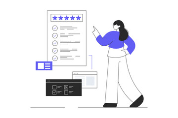 Online survey concept. Feedback service. Woman Give feedback, choose answers, make decisions and research. Flat Cartoon Vector Illustration, icon. Stylish abstract  